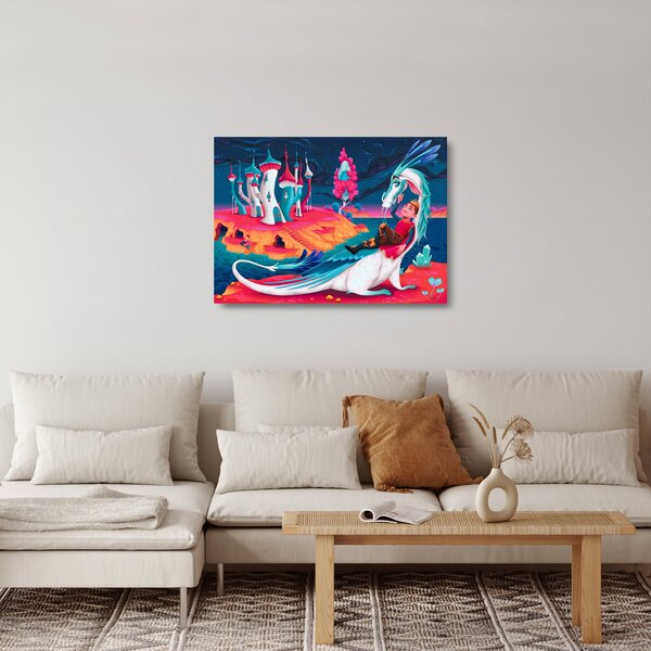 Tablou pe sticlă - Prinț și prințesa cu dragon (70x50 cm)