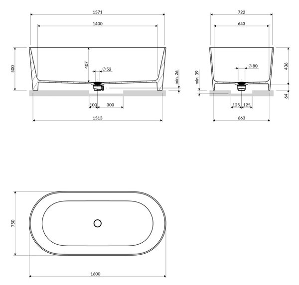 Cada freestanding, Omnires OVO M+, 160 x 75 cm, coral mat