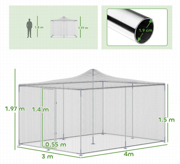 PawHut Țarc pentru Găini de Exterior, 4x3x2m 12㎡ Adăpost pentru Găini din Oțel Galvanizat cu Acoperiș Impermeabil Anti-UV și Închidere Dublă, Coteț pentru Păsări, Animale Mici, Iepuri și Rațe | Aosom Romania