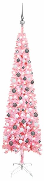 Set pom de Crăciun subțire cu LED-uri și globuri, roz, 210 cm