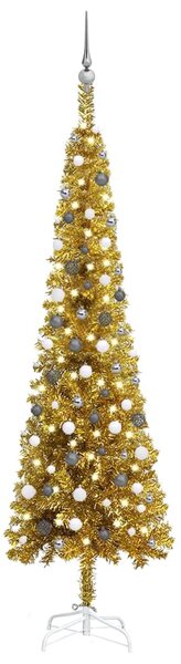 Pom de Crăciun subțire cu LED-uri și globuri, auriu, 240 cm