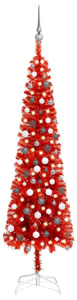 Set brad de Crăciun subțire cu LED-uri&globuri, roșu, 210 cm