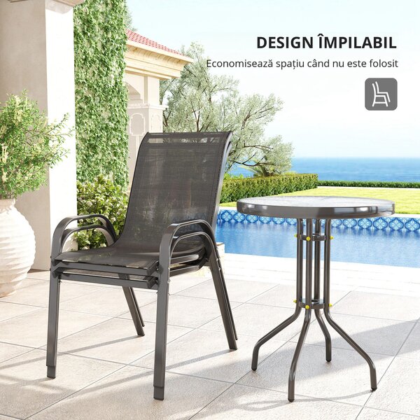 Outsunny Set Mobilier de Grădină din 3 Piese cu Scaune Suprapozabile și Masă din Sticlă, 54x71x93 cm, Gri Închis | Aosom Romania