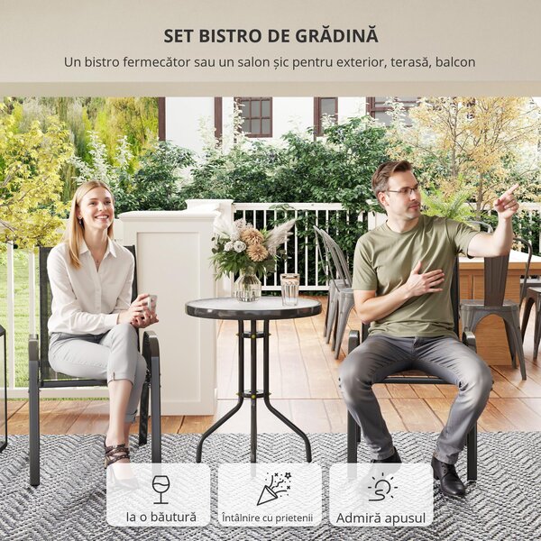 Outsunny Set Mobilier de Grădină din 3 Piese cu Scaune Suprapozabile și Masă din Sticlă, 54x71x93 cm, Gri Închis | Aosom Romania