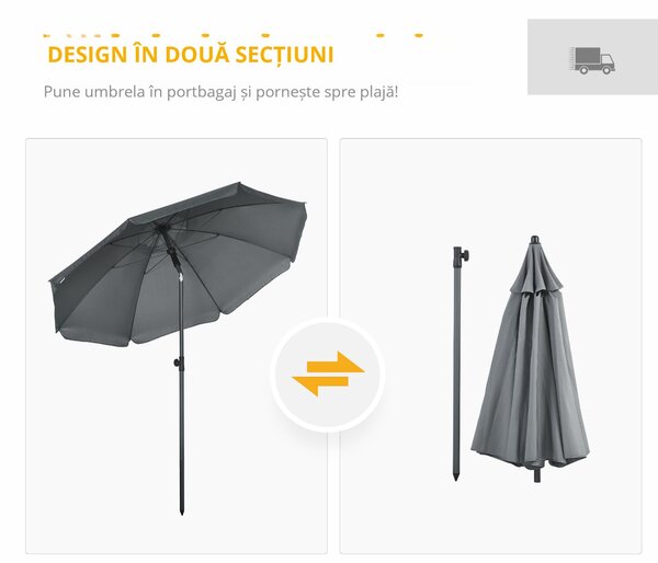 Outsunny Umbrelă de Plajă din Poliester/Oțel, 8 Nervuri, Tetieră Înclinabilă 45°, Gri | Aosom Romania