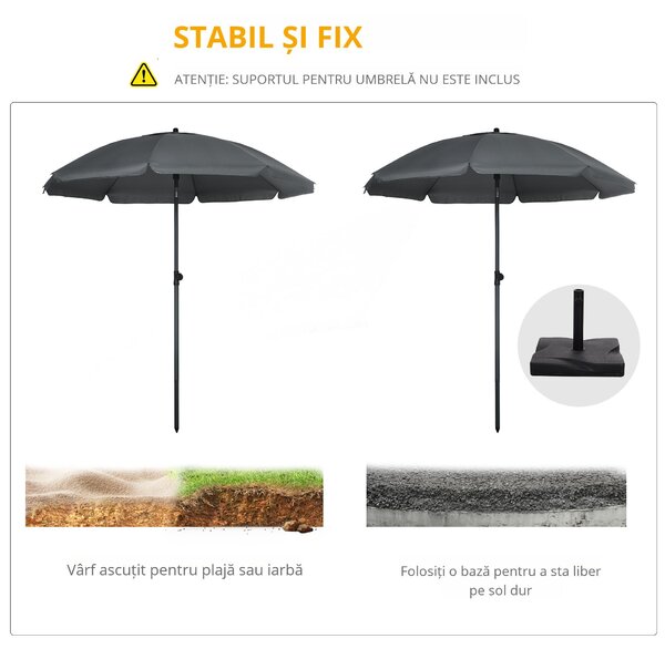 Outsunny Umbrelă de Plajă din Poliester/Oțel, 8 Nervuri, Tetieră Înclinabilă 45°, Gri | Aosom Romania