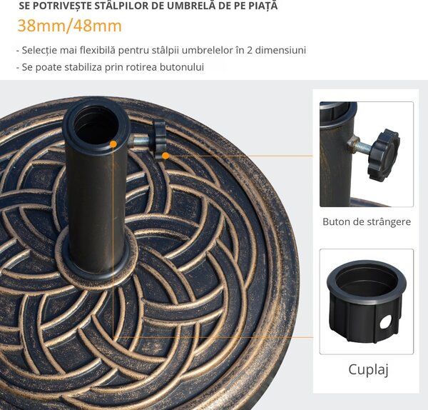Outsunny Suport Umbrelă 12kg, Design Rotund, Stil Bronz, pentru Exterior | Aosom Romania