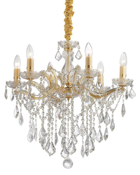 IDEAL LUX Lustră Florian, aurie, cu cristale, 6 becuri, reglabil, Metalic, Camera de zi / sufragerie, Sticlă
