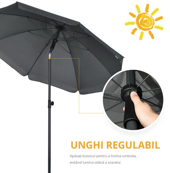 Outsunny Umbrelă de Plajă din Poliester/Oțel, 8 Nervuri, Tetieră Înclinabilă 45°, Gri | Aosom Romania