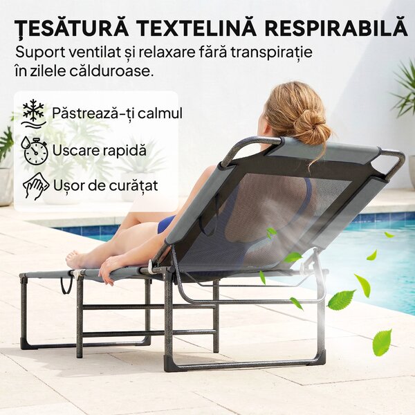 Outsunny Șezlong de Exterior Reglabil 4 Poziții, Scaun Pliabil cu Mâner, Gri. | Aosom Romania