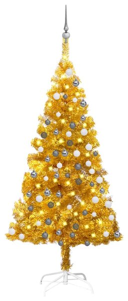 Brad Crăciun pre-iluminat cu set globuri, auriu, 120 cm, PET
