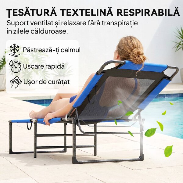 Outsunny Șezlong Pliabil, Spătar Reglabil pe 4 Poziții, Mânere pentru Transport, Culoare Albastru | Aosom Romania