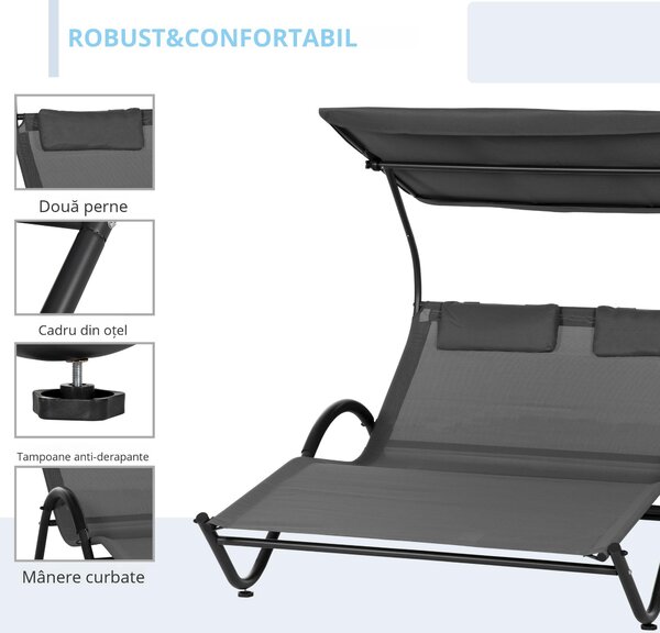 Outsunny Sezlong de exterior pentru gradina cu acoperis parasolar, gri inchis | AOSOM RO