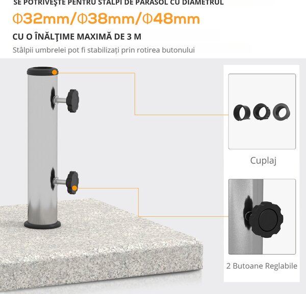 Outsunny Bază Umbrelă Grădină 25kg, Compatibilă cu Stâlpi Ø32mm, Ø38mm, Ø48mm, din Granit și Oțel Inoxidabil | Aosom Romania