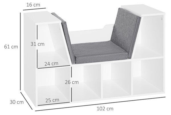 HOMCOM Bibliotecă 2 în 1 cu Perne Confortabile și 6 Compartimente, Mobilier Multifuncțional pentru Cărți și Jocuri, Raft cu 6 Cuburi pentru Sufragerie, Dormitor și Birou, 102x30x61 cm, Alb | Aosom Romania