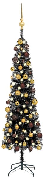 Set pom de Crăciun subțire cu LED-uri și globuri, negru, 180 cm