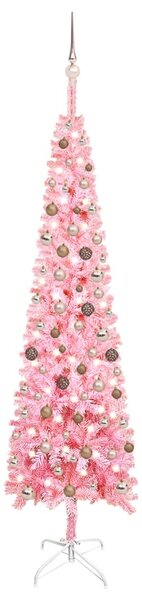 Set pom de Crăciun subțire cu LED-uri și globuri, roz, 240 cm