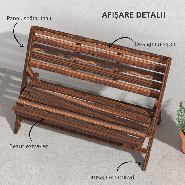 Outsunny Bancă de Exterior din Lemn pentru 2 Persoane, Bancă Pliabilă cu Spătar și Șezut cu Șipci, Bancă pentru Patio, Finisaj Carbonizat | Aosom Romania