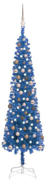 Set pom de Crăciun subțire cu LED-uri/globuri albastru 210 cm