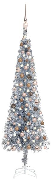 Set brad de Crăciun subțire cu LED-uri&globuri argintiu, 150 cm