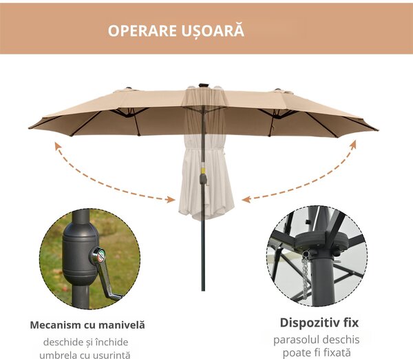 Outsunny Umbrelă Solară LED 4.5m, Sistem de Deschidere cu Manivelă, Rezistentă la Apă, Kaki | Aosom Romania