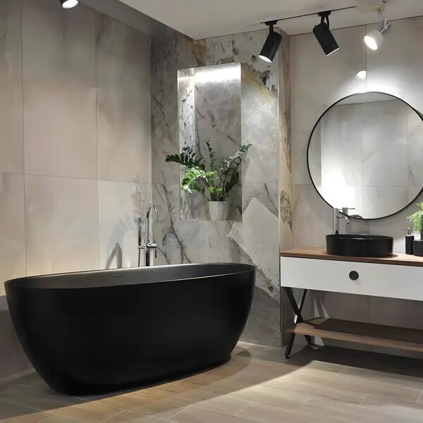 Cada Baie Freestanding Greta 160x80cm, Acril, Ovala, Finisaj Negru