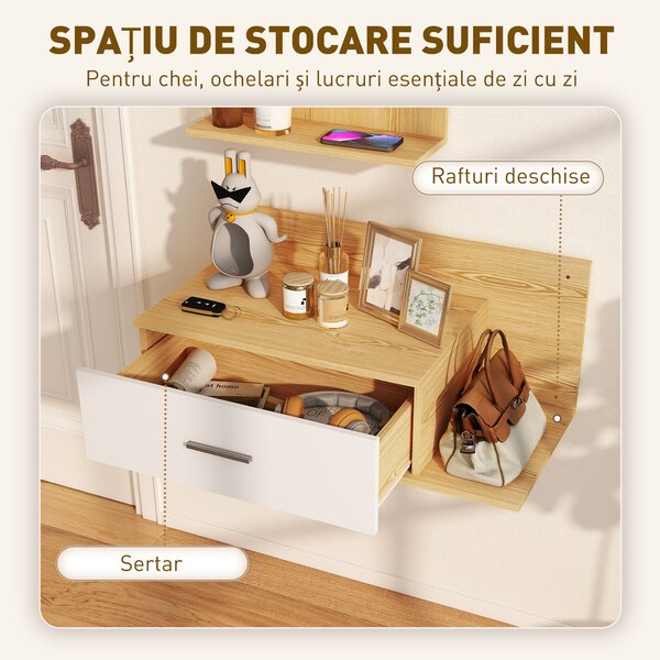 HOMCOM Set de Intrare cu Oglindă cu Raft și Dulap Suspendat cu Sertar și 2 Rafturi Deschise, din Lemn și Sticlă | Aosom Romania