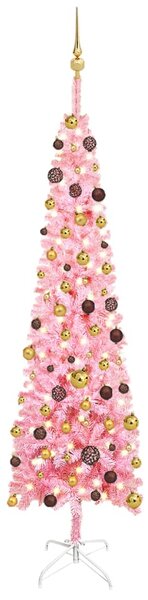 Set pom de Crăciun subțire cu LED-uri și globuri, roz, 210 cm