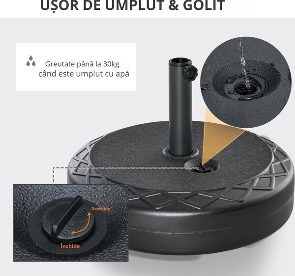 Outsunny Bază de Umbrelă Rotundă din Plastic Rezistent 30kg, Ø55x14cm, Ideală pentru Stabilitate, Ușor de Mutat, Negru | Aosom Romania