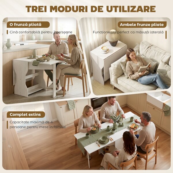 HOMCOM Masă de Bucătărie Pliabilă pentru 4 Persoane cu Raft, din Lemn, 160x60x75 cm, Alb | Aosom Romania