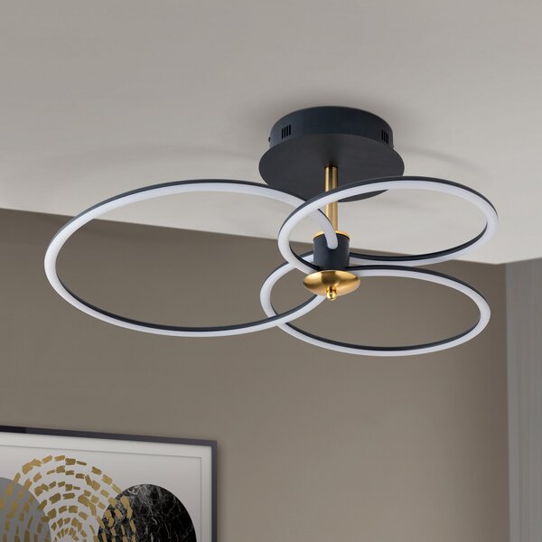 ORION Charlotte plafonieră LED, 3 inele, negru/auriu, reglabil, Negru, Camera de zi / sufragerie, Metal, Modern