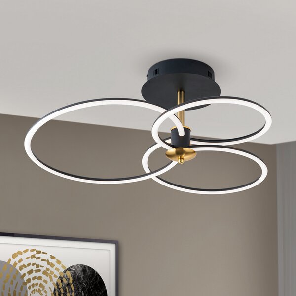 ORION Charlotte plafonieră LED, 3 inele, negru/auriu, reglabil, Negru, Camera de zi / sufragerie, Metal, Modern