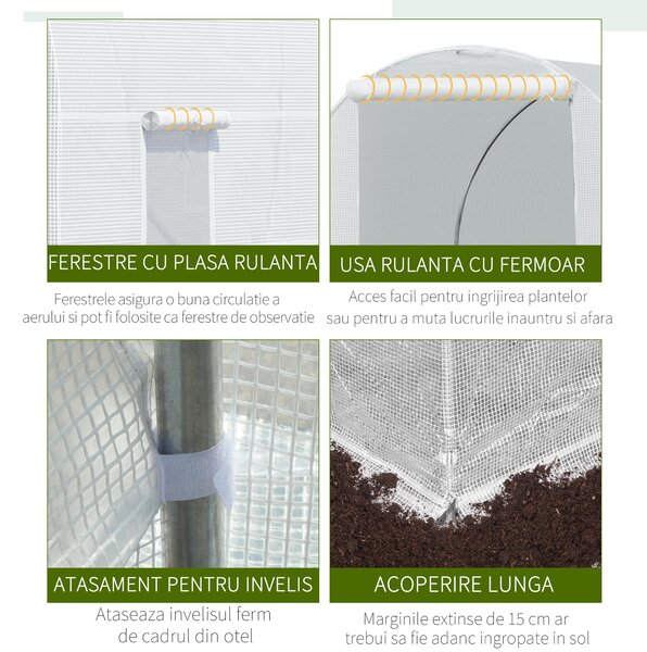 Outsunny Seră tip Tunel, Seră pentru Plante, Legume, Fructe și Ierburi Aromatice, 450x200x200 cm, Alb | Aosom Romania