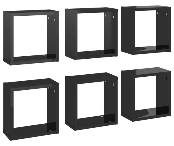 Rafturi de perete cub negru extralucios 6 piese 30x15x30 cm
