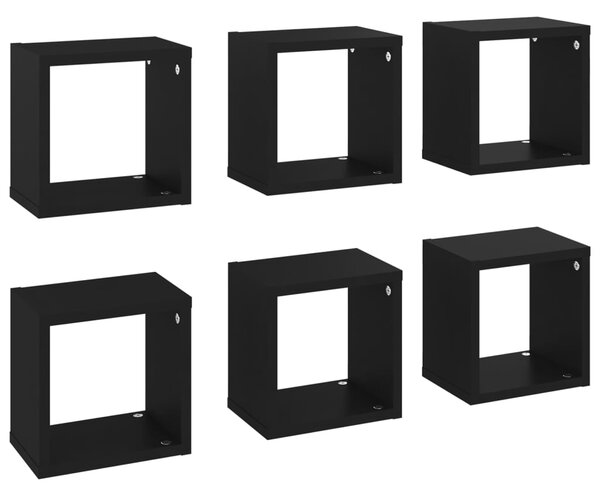 Rafturi de perete cub, 6 buc., negru, 22x15x22 cm
