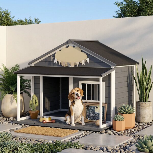 PawHut Casuță din Lemn de Exterior pentru Câini, Cușcă pentru Câini cu Terasă, Fereastră și Acoperiș Impermeabil, 124x112x105 cm, Gri | Aosom Romania