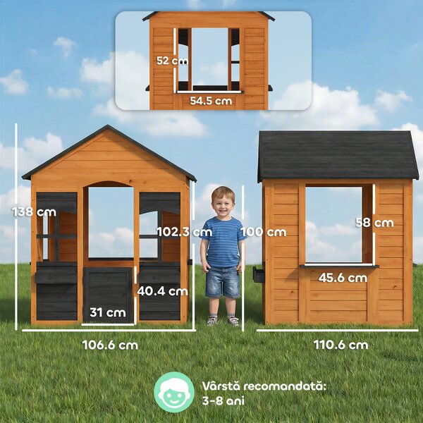 AIYAPLAY Căsuță din Lemn Copii cu Jardiniere, pentru Joacă Exterior/Interior, Vârsta 3-8, Maro | Aosom Romania
