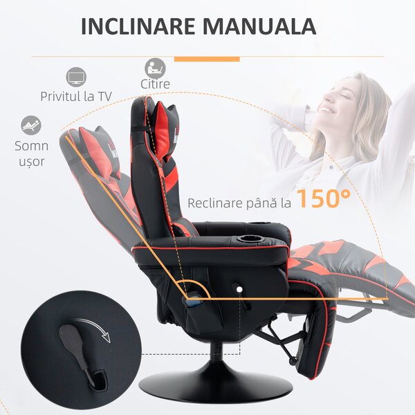 HOMCOM Scaun de Gaming cu Masaj, Suport pentru Picioare și Pernă, din Piele Sintetică, 79,5x82,5x111,5 cm, Negru și Roșu | Aosom Romania