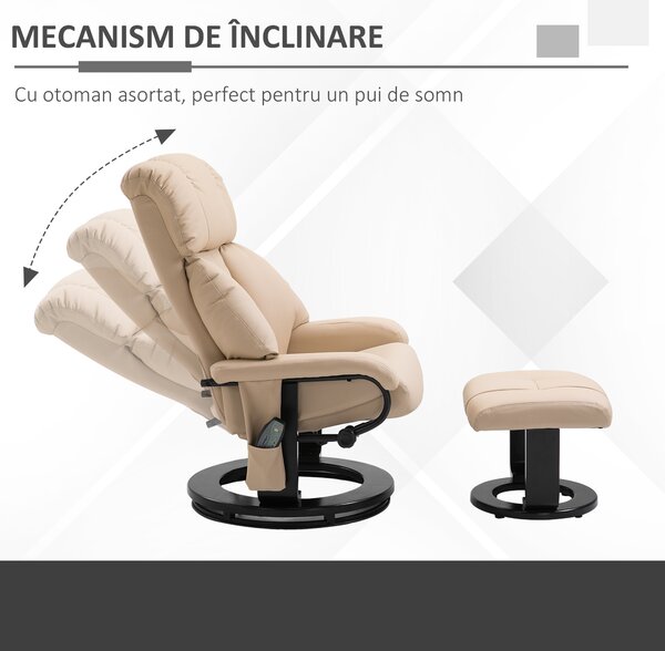 HOMCOM Fotoliu Reclinabil cu Masaj cu Telecomandă din Imitatie de Piele, Crem | Aosom Romania