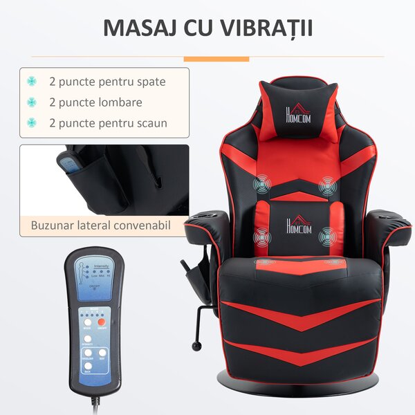 HOMCOM Scaun de Gaming cu Masaj, Suport pentru Picioare și Pernă, din Piele Sintetică, 79,5x82,5x111,5 cm, Negru și Roșu | Aosom Romania