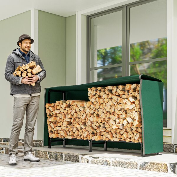 Outsunny Suport pentru Lemne de 0,6 m³, Reglabil, cu Husă Impermeabilă din PE, din Metal, 200 x 36 x 99 cm, Negru și Verde Închis | Aosom Romania