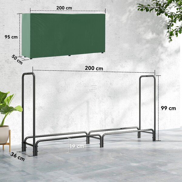 Outsunny Suport pentru Lemne de 0,6 m³, Reglabil, cu Husă Impermeabilă din PE, din Metal, 200 x 36 x 99 cm, Negru și Verde Închis | Aosom Romania