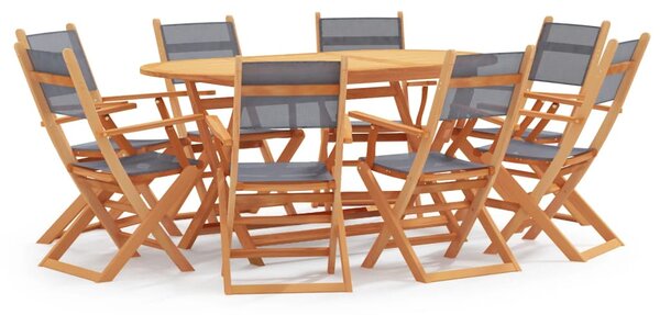 Set mobilier exterior 9 piese gri lemn masiv eucalipt/textilenă