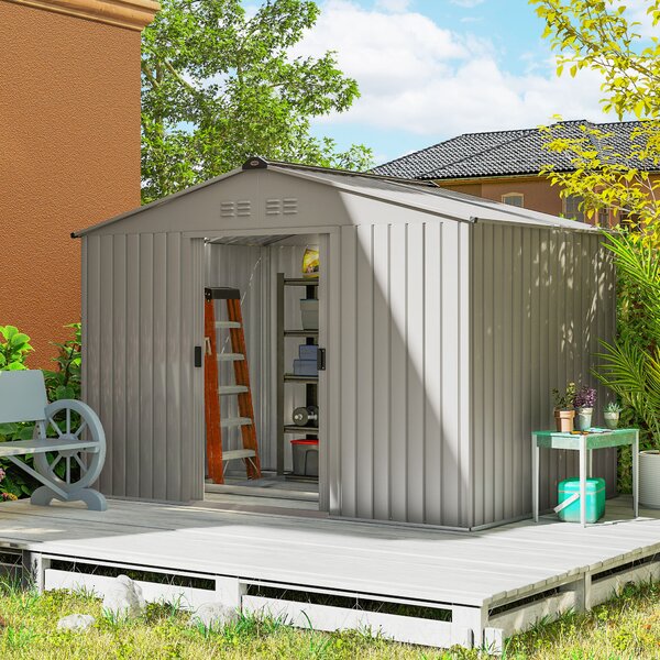Outsunny Magazie de Grădină 4,9 m² 277x195x192 cm cu 2 Uși Culisante, Acoperiș Înclinat și 4 Grile de Ventilație, Gri Argintiu | Aosom Romania