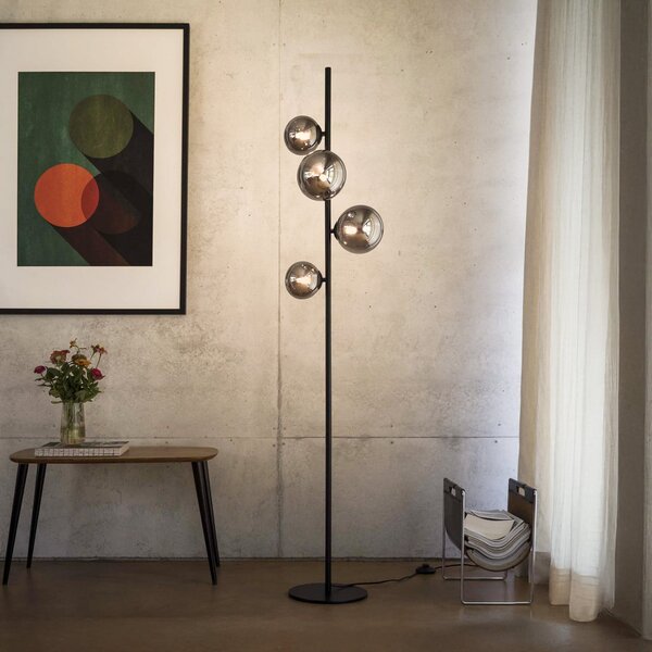 IDEAL LUX Lampadar Perlage, negru/gri fum, înălțime 164 cm, 4 becuri, Negru, Camera de zi / sufragerie, Metal