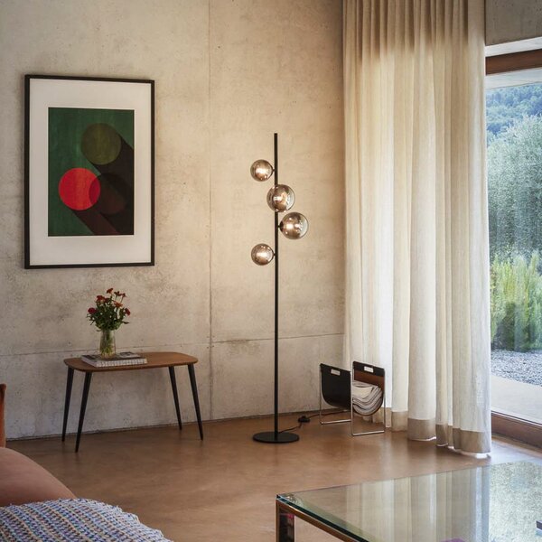 IDEAL LUX Lampadar Perlage, negru/gri fum, înălțime 164 cm, 4 becuri, Negru, Camera de zi / sufragerie, Metal