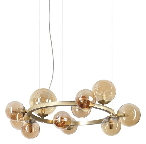 IDEAL LUX Lampă suspendată Perlage, alamă/chihlimbar, 11 becuri, Ø 73 cm, Auriu / Alamă, Camera de zi / sufragerie, Metal