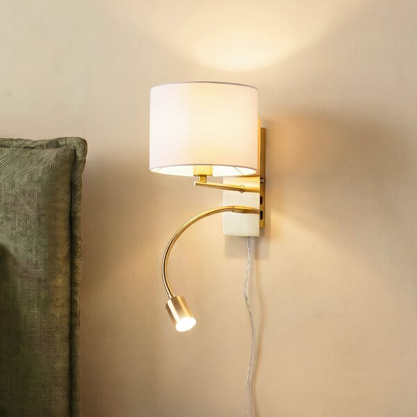 Lindby Aplică de perete Florens, alamă, lampă lectură LED, 23,5 cm, Auriu / Alamă, Camera de zi / sufragerie, Țesătură / Textil, Modern, Lumină de lectură