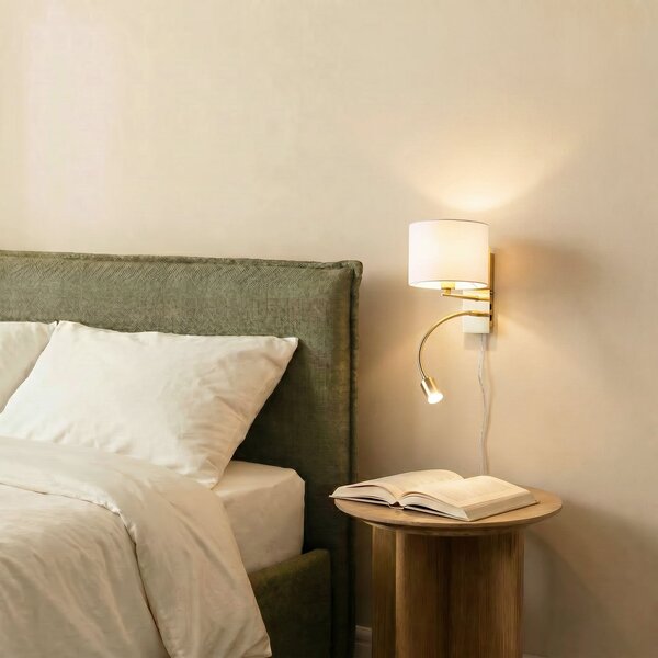 Lindby Aplică de perete Florens, alamă, lampă lectură LED, 23,5 cm, Auriu / Alamă, Camera de zi / sufragerie, Țesătură / Textil, Modern, Lumină de lectură