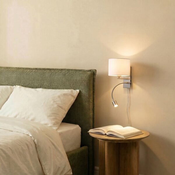 Lindby Aplică de perete Florens, nichel, lampă citit cu LED, 23,5 cm, Metalic, Camera de zi / sufragerie, Țesătură / Textil, Modern, Lumină de lectură